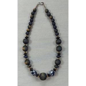 Estate Vintage Navi Blue Wooden Beaded Necklace Hook Clasp 70's